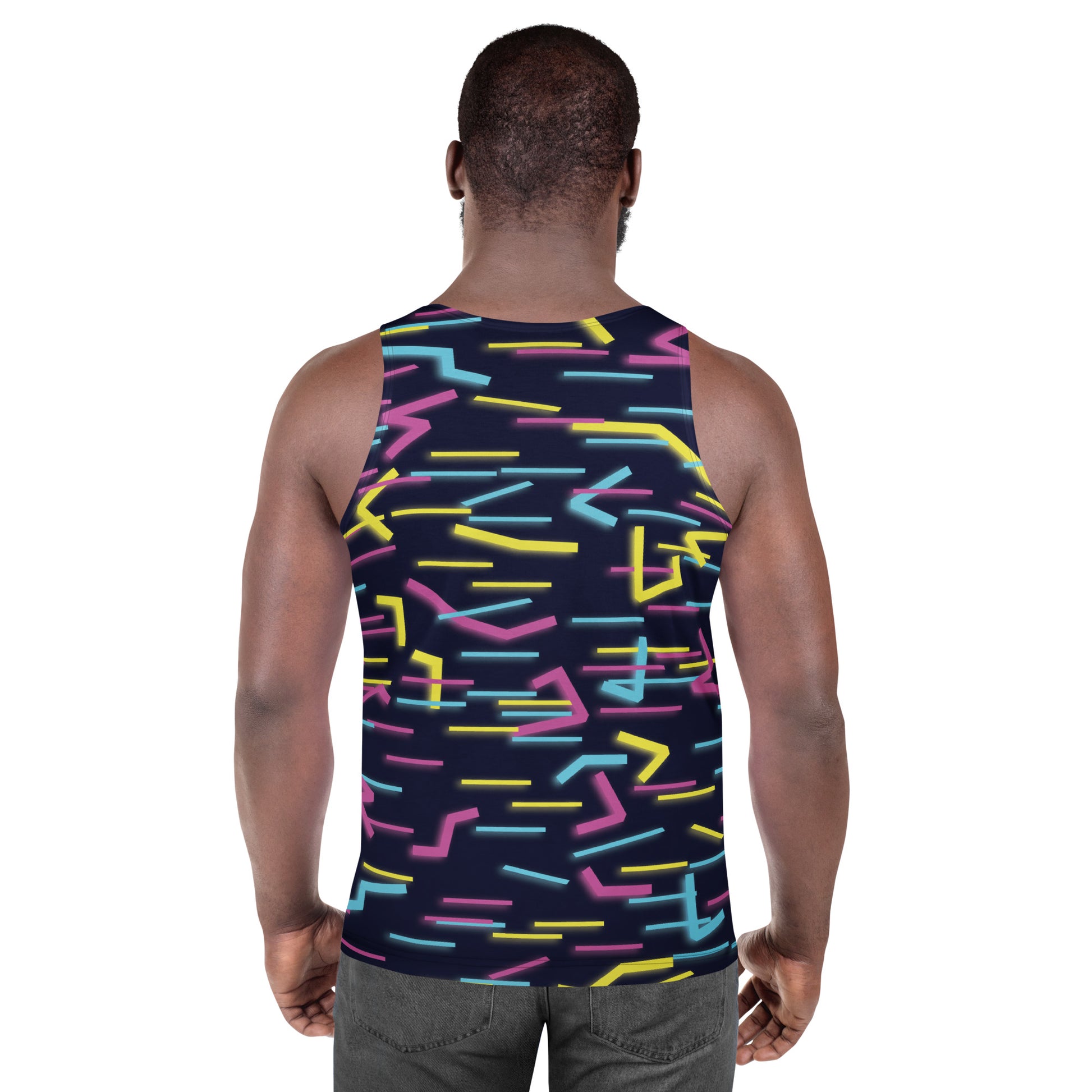 Back view of Wildbyte tank top showing wraparound digital circuitry pattern.