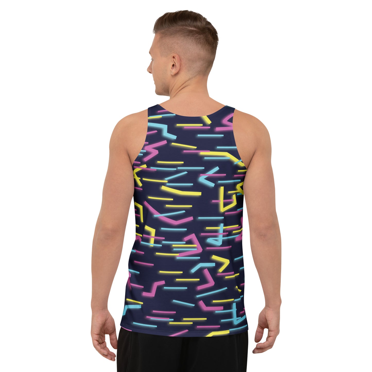 Back view of Wildbyte tank top showing wraparound digital circuitry pattern.