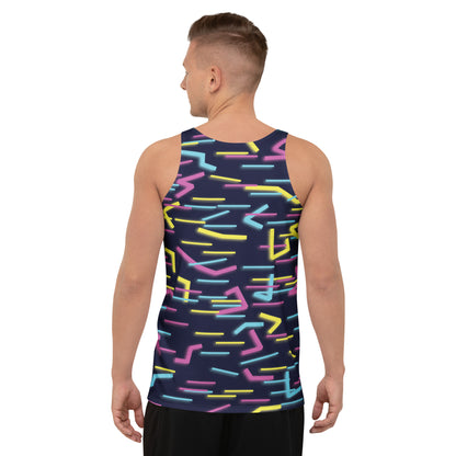 Back view of Wildbyte tank top showing wraparound digital circuitry pattern.