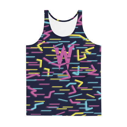 Close-up of Wildbyte cyber glitch graphics on men’s athletic tank top.