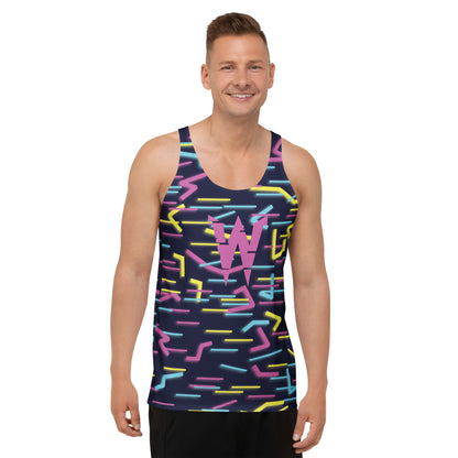 Model wearing Wildbyte neon glitch men’s tank top from the Renegades collection.