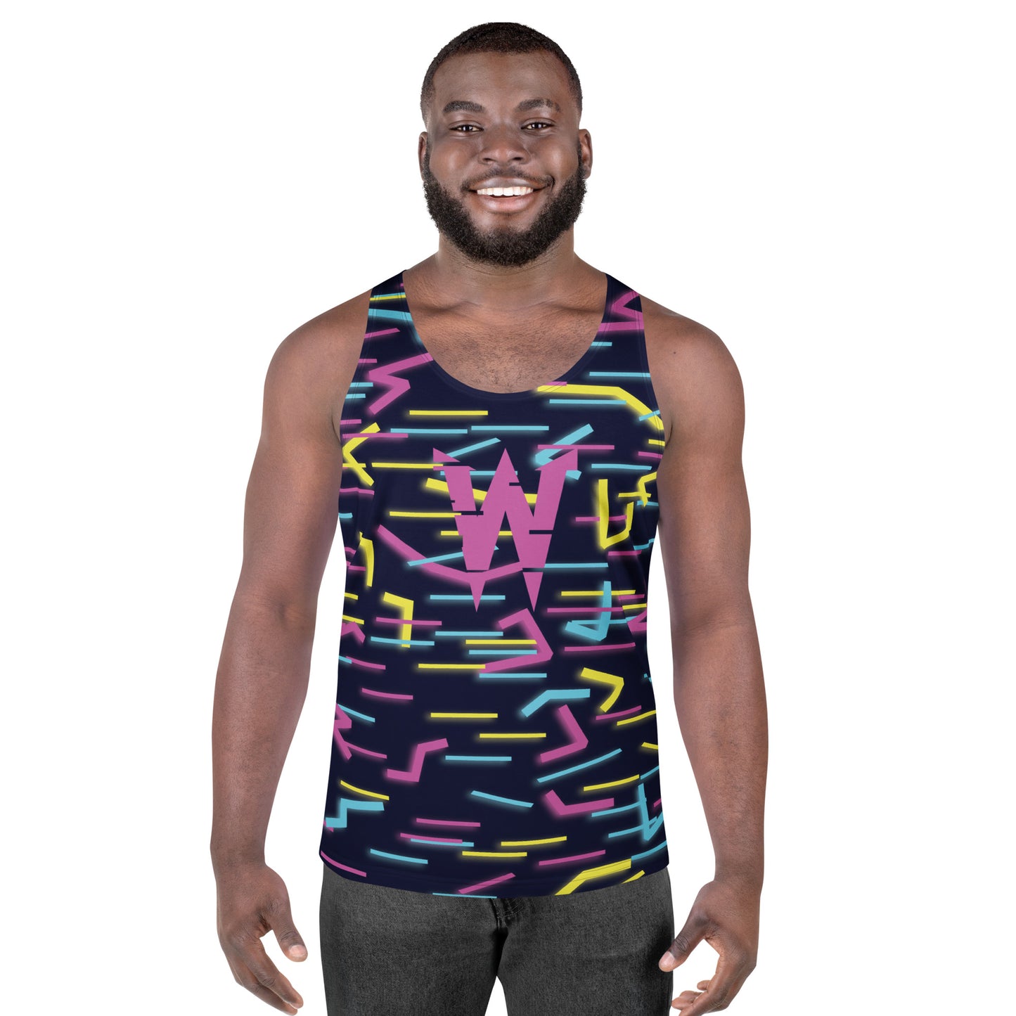 Front view of men’s Wildbyte neon glitch tank top in cyan and magenta.