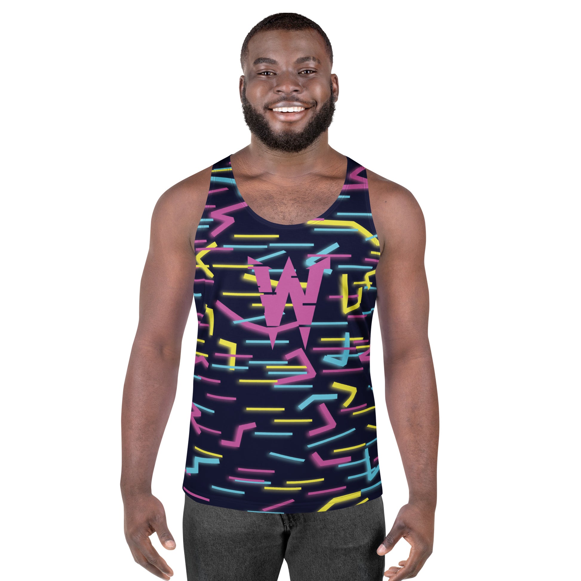 Front view of men’s Wildbyte neon glitch tank top in cyan and magenta.