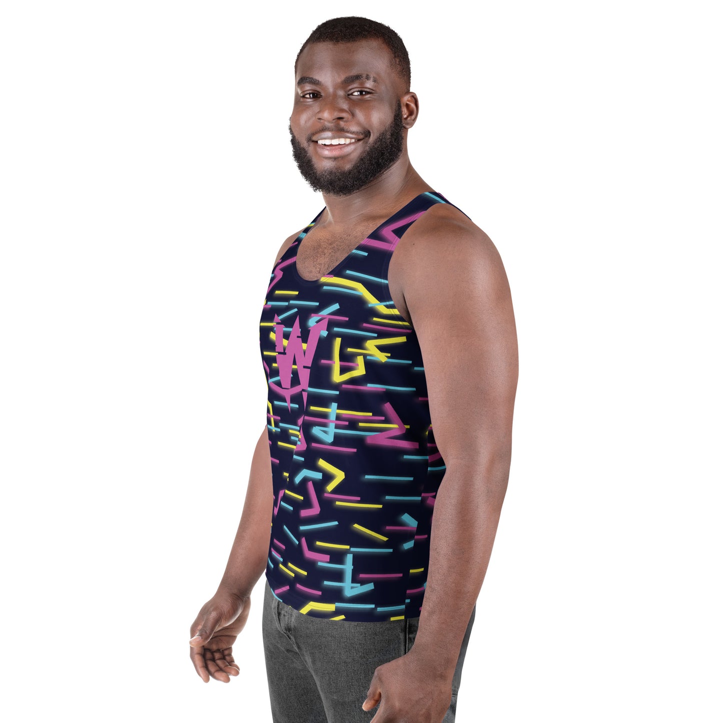 Model wearing Wildbyte neon glitch men’s tank top from the Renegades collection.