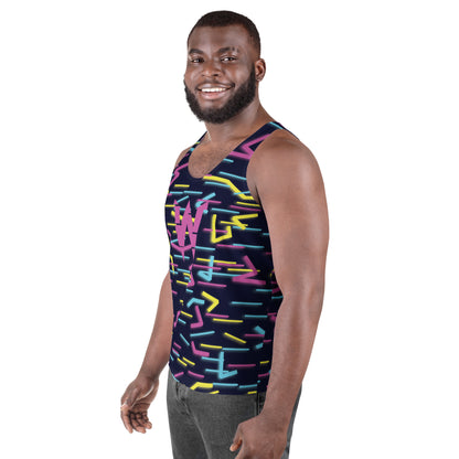 Model wearing Wildbyte neon glitch men’s tank top from the Renegades collection.