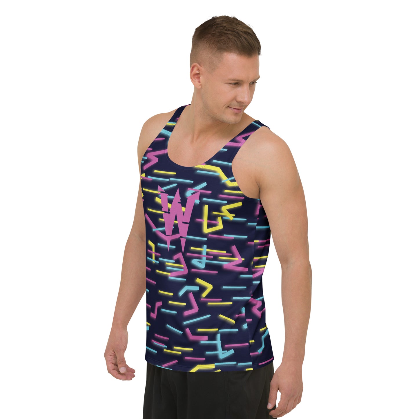 Model wearing Wildbyte neon glitch men’s tank top from the Renegades collection.