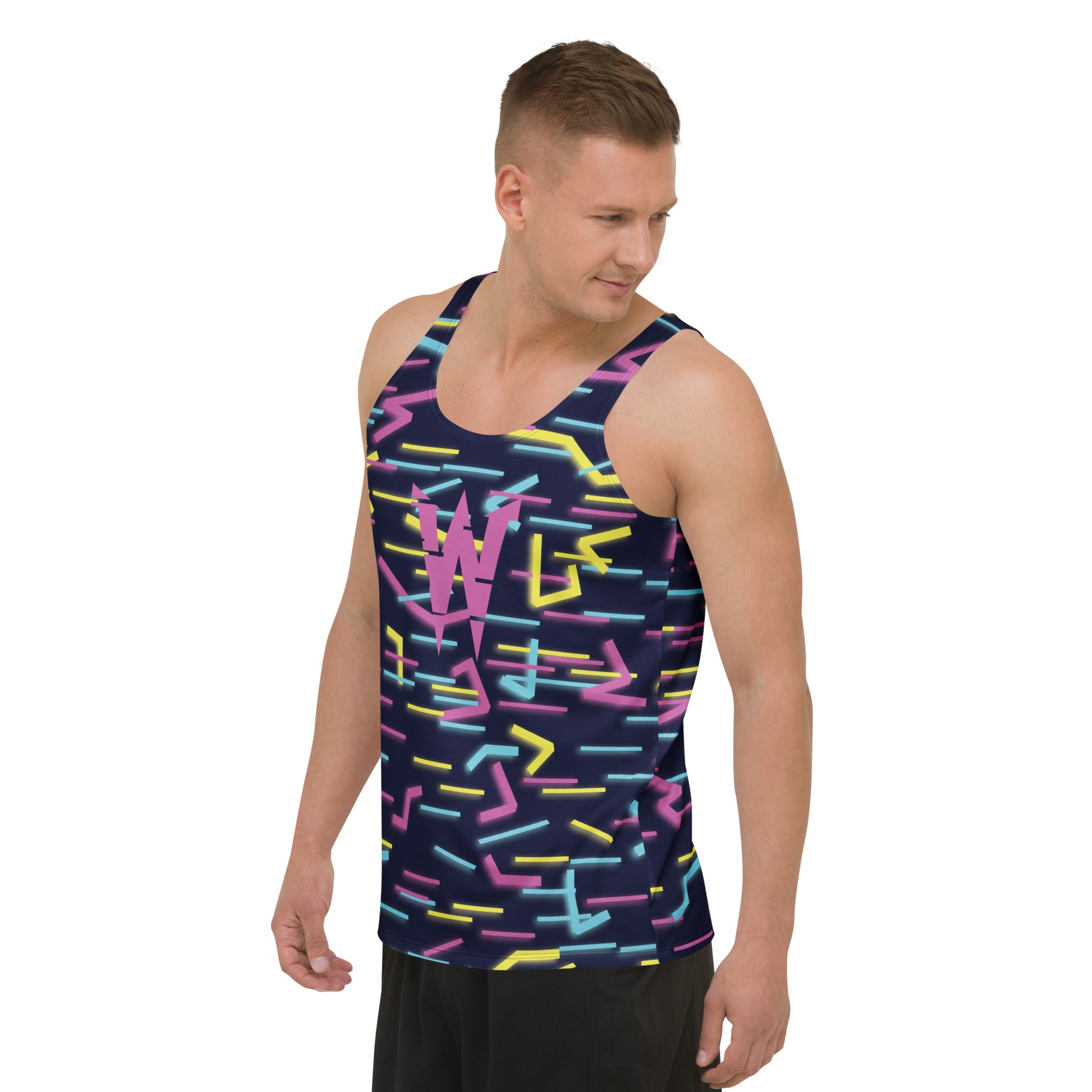 Model wearing Wildbyte neon glitch men’s tank top from the Renegades collection.