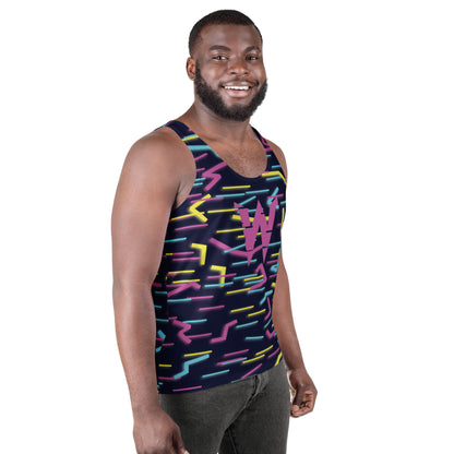 Model wearing Wildbyte neon glitch men’s tank top from the Renegades collection.