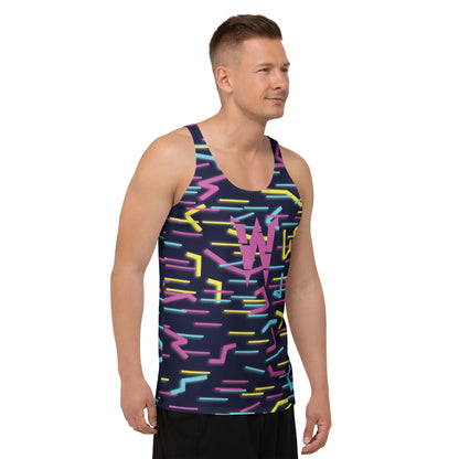 Product mockupSide view of Wildbyte cyberpunk tank top with jagged glitch lines.