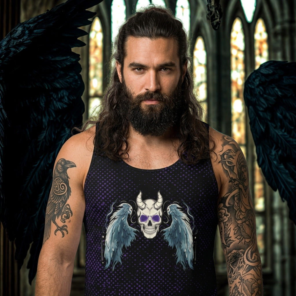Man with tattoos and a tank top with a skull design in front of stained glass windows