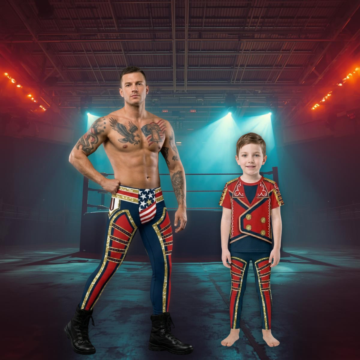 Conjunto de leggings a juego patrióticos de héroe de la lucha libre, atuendo para padres e hijos