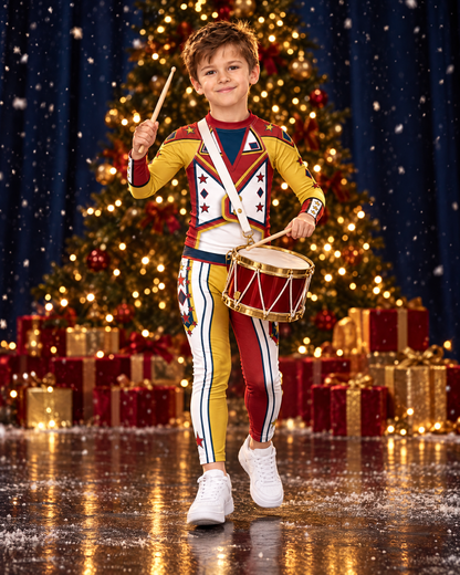 Boy in the Drum Major kids wrestling costume set, crimson and gold rash guard and split leggings, playing a red and gold snare drum in front of a lit Christmas tree - BillingtonPix