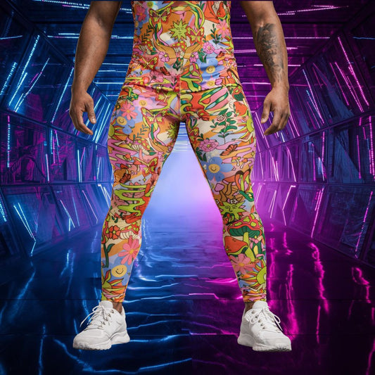 Man wearing orange jungle patterned fashion meggings, futuristic background