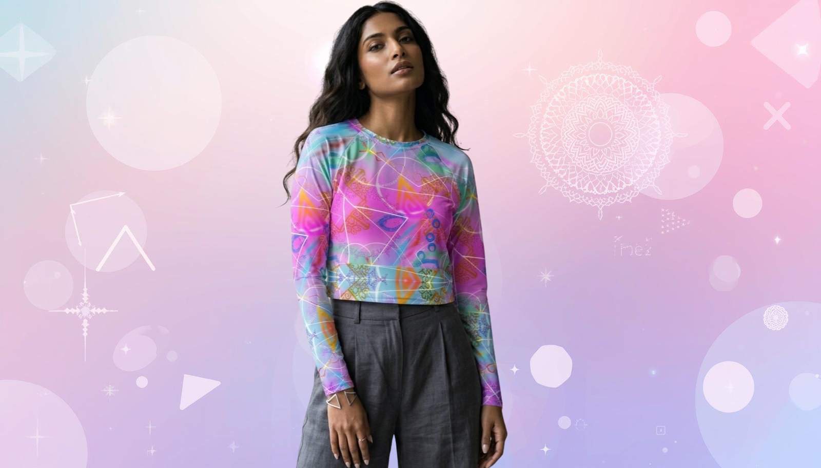 
                Women wearing bright cosplay inspired t-shirts with bold graphic prints, standing in a colourful city backdrop.
              