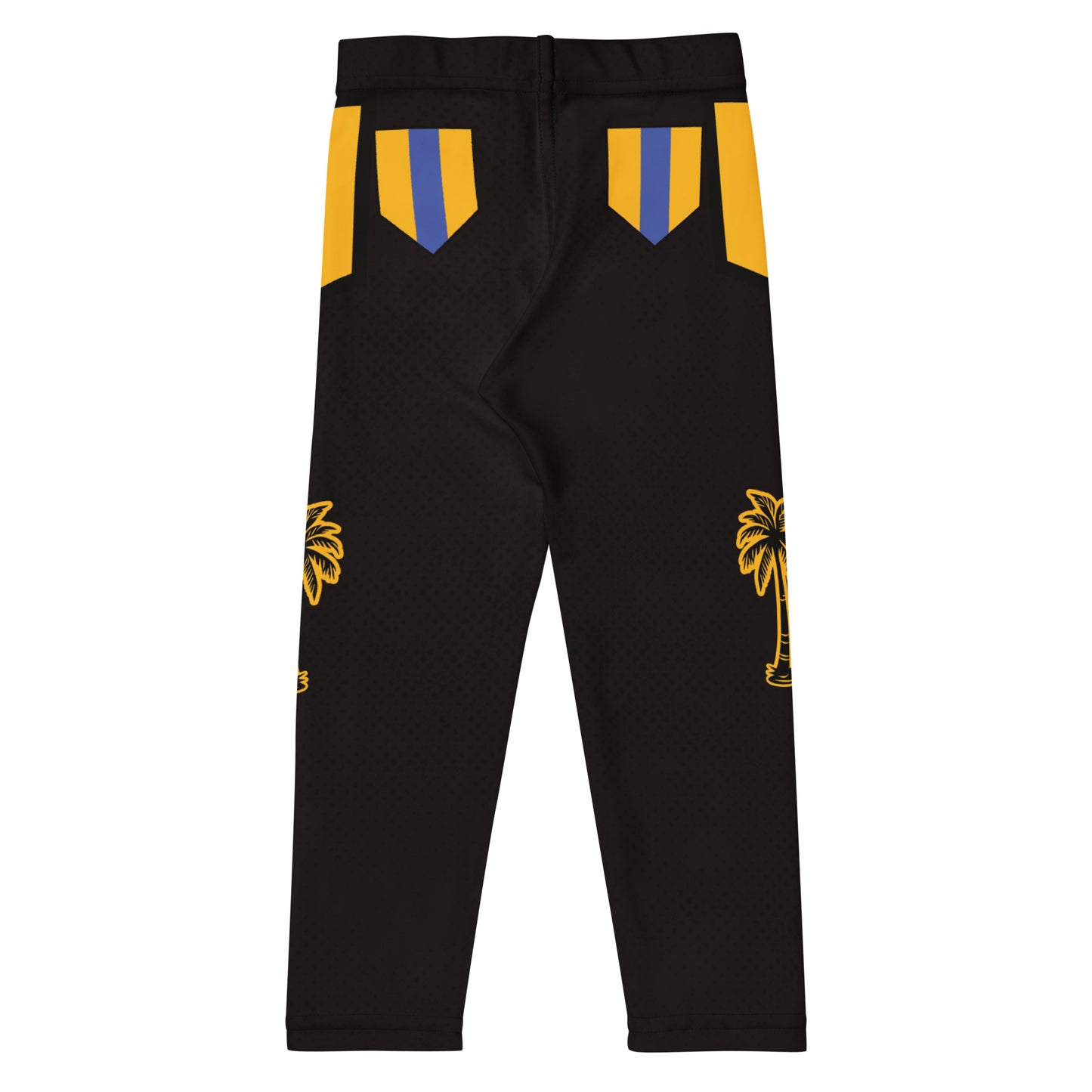 Flat black and gold wrestling-inspired leggings with blue knee panels
