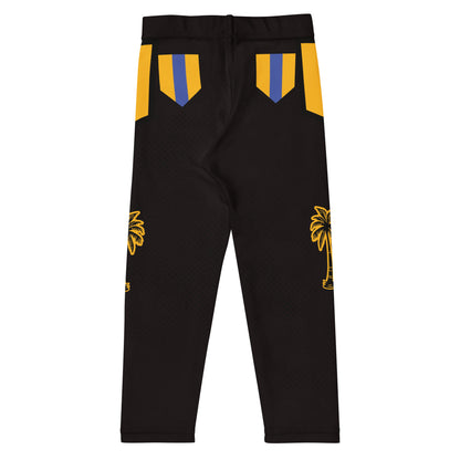 Flat black and gold wrestling-inspired leggings with blue knee panels