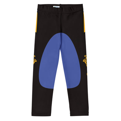 Flat black and gold wrestling-inspired leggings with blue knee panels - front view