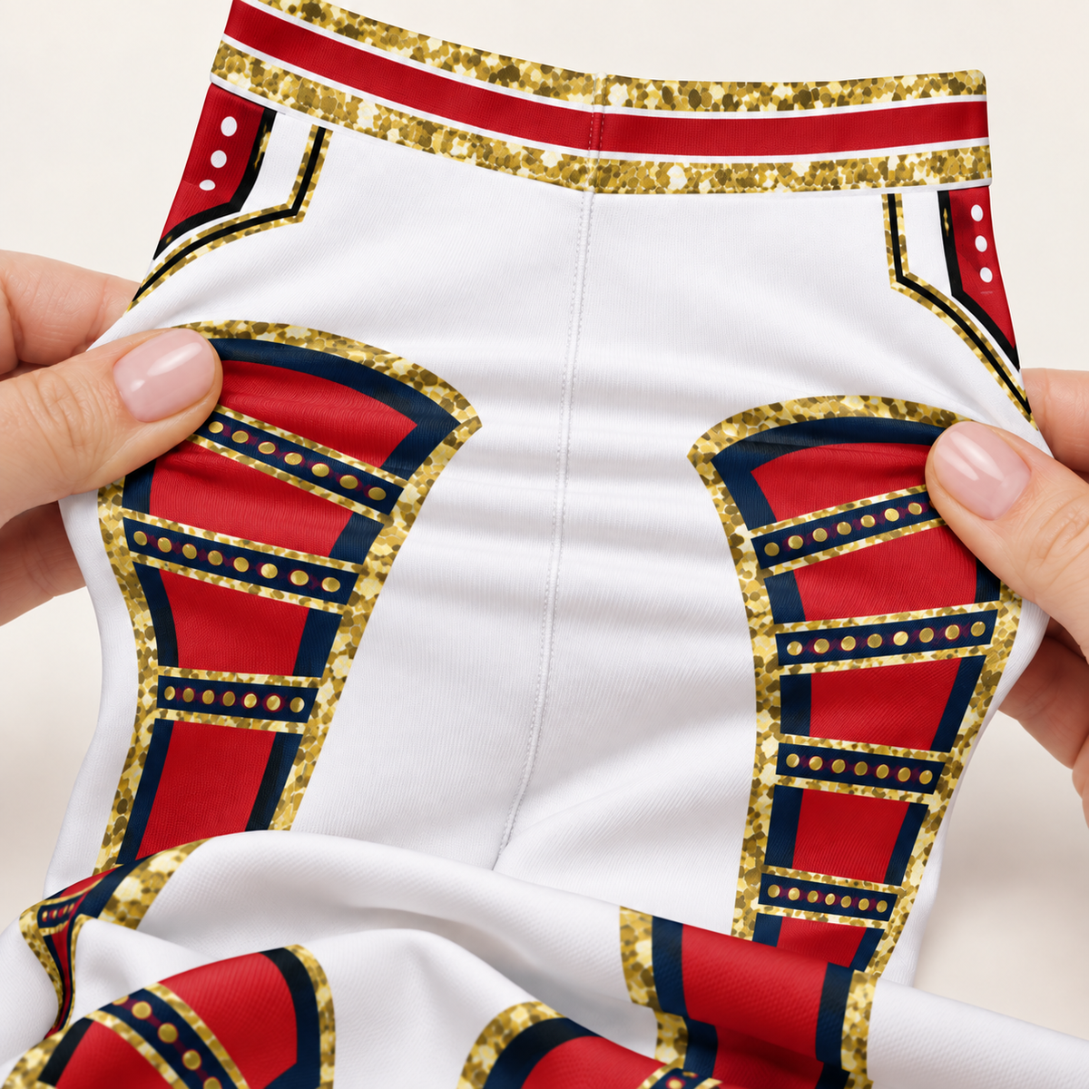 Close-up of the White Circus kids leggings - red front panels with navy and gold glitter-effect trim and red and gold waistband