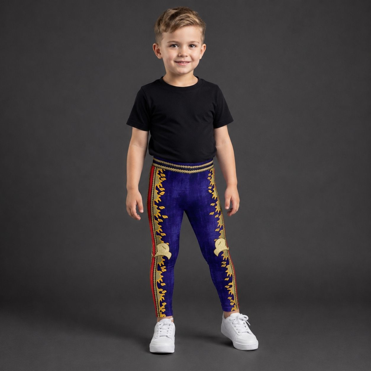 Boy wearing navy kids military eagle wrestling leggings with gold eagle emblem, flame trim and red side stripe - BillingtonPix