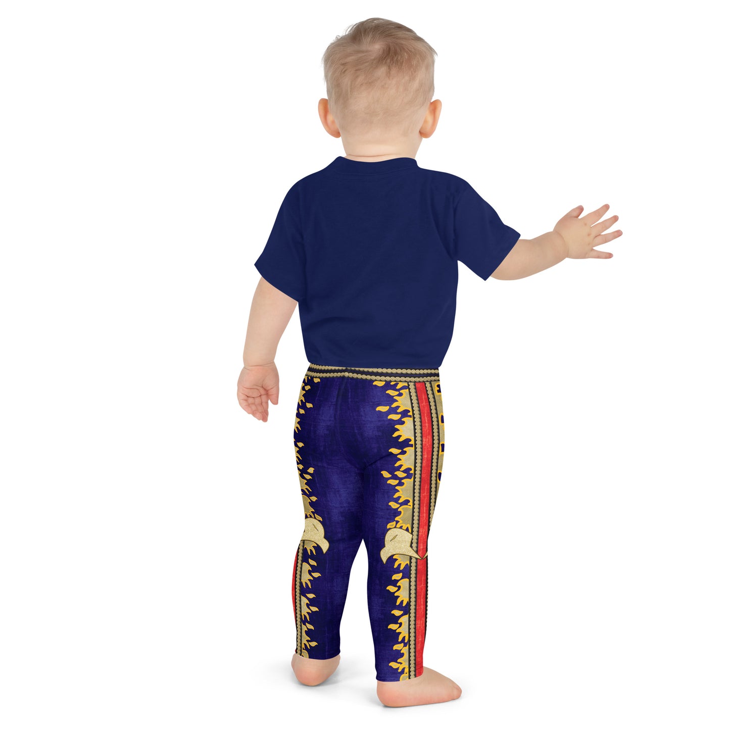 Navy, red and gold military eagle print kids wrestling leggings - back view - BillingtonPix