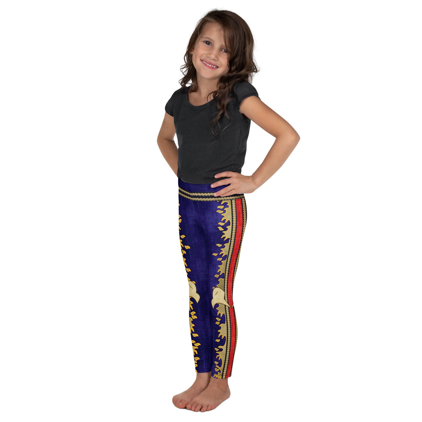 Navy, red and gold military eagle print kids wrestling leggings - left side view - BillingtonPix