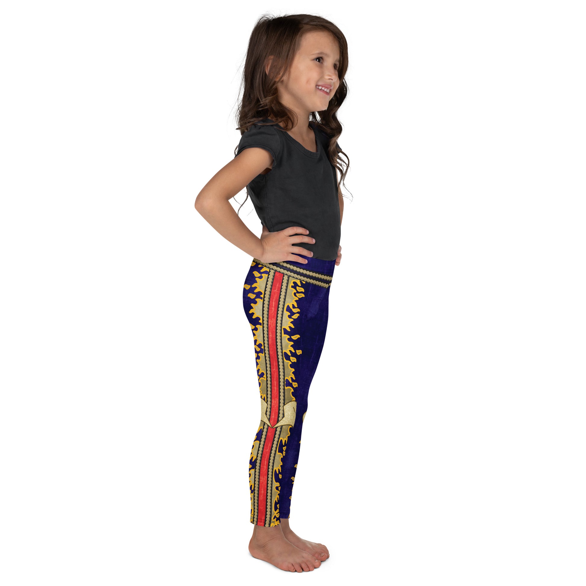Navy, red and gold military eagle print kids wrestling leggings - right side view - BillingtonPix