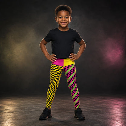 child wearing pink and yellow cosplay wrestling tights in retro style with checked yellow and black and pink insets with diagonal green stripes