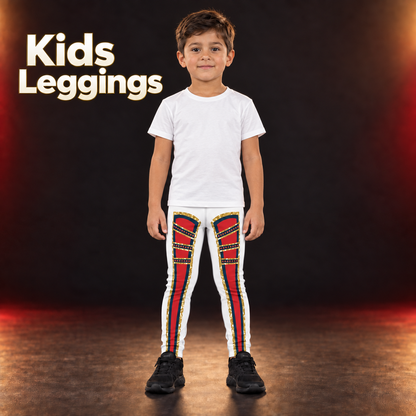 Child wearing the White Circus kids wrestling leggings with a white tee - red front panels with gold glitter-effect trim - BillingtonPix