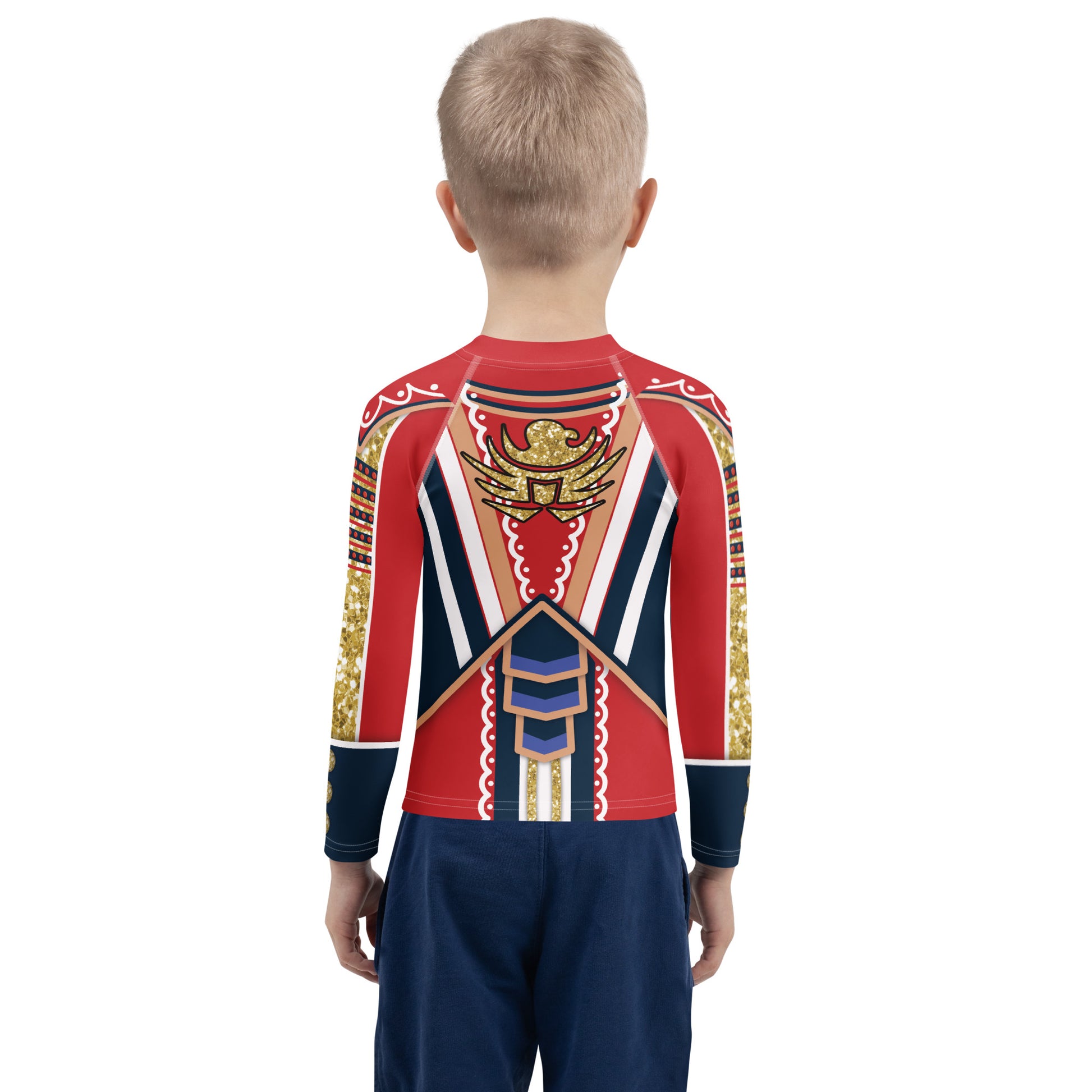 Kids wrestling-inspired hero rash guard with gold armour detail – back view with American eagle, BillingtonPix design