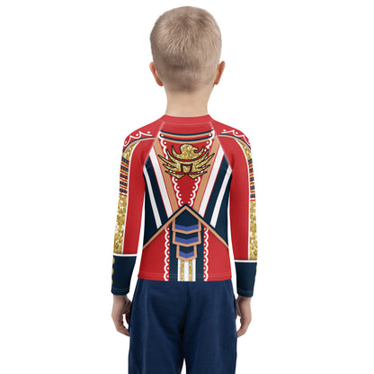 Kids wrestling-inspired hero rash guard with gold armour detail – back view with American eagle, BillingtonPix design