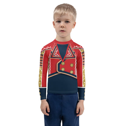 Kids patriotic wrestling-hero rash guard in red, gold, and navy – front view, BillingtonPix cosplay activewear