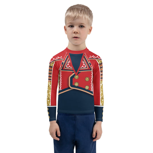 Kids patriotic wrestling-hero rash guard in red, gold, and navy – front view, BillingtonPix cosplay activewear