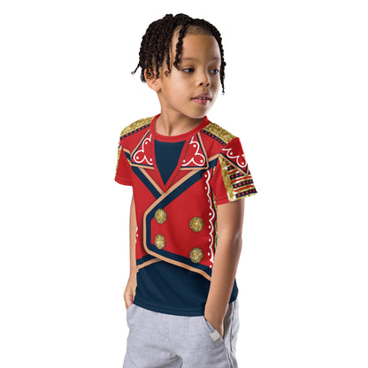 kid wearing red , navy and gold retro military hero t-shirt in wrestling arena style - front view