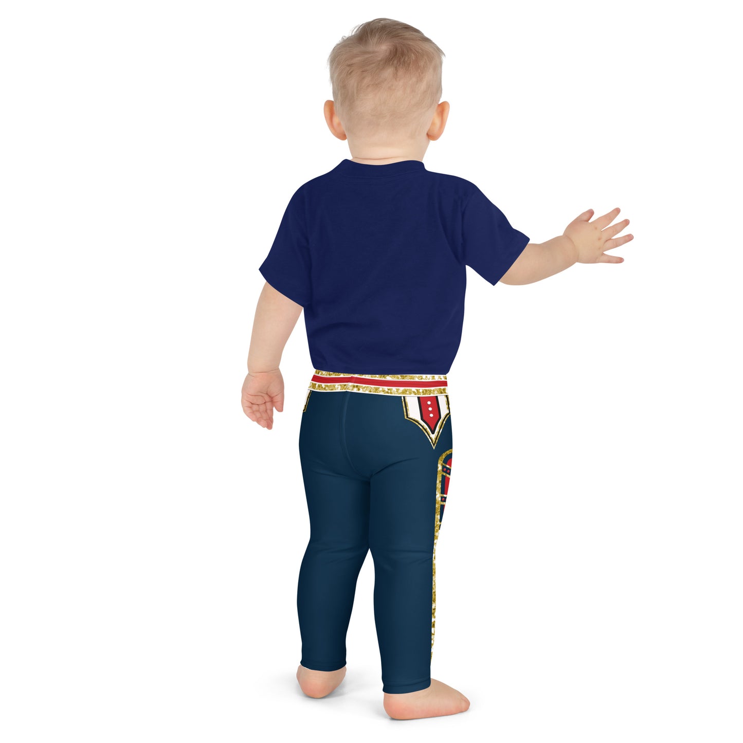kid wearing red , navy and gold retro military hero leggings in wrestling arena style - back view