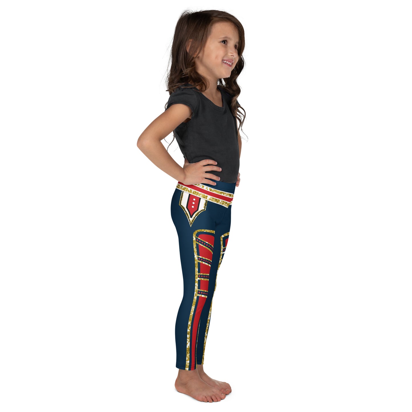 kid wearing red , navy and gold retro military hero leggings in wrestling arena style - side view