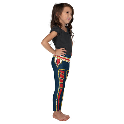 kid wearing red , navy and gold retro military hero leggings in wrestling arena style - side view