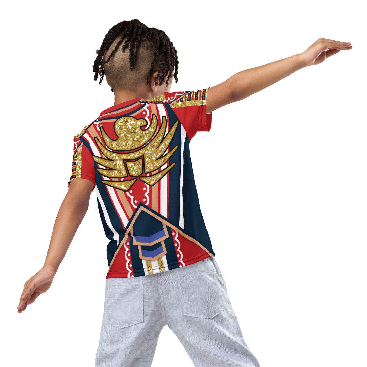 kid wearing red , navy and gold retro military hero t-shirt in wrestling arena style - back view with gold eagle