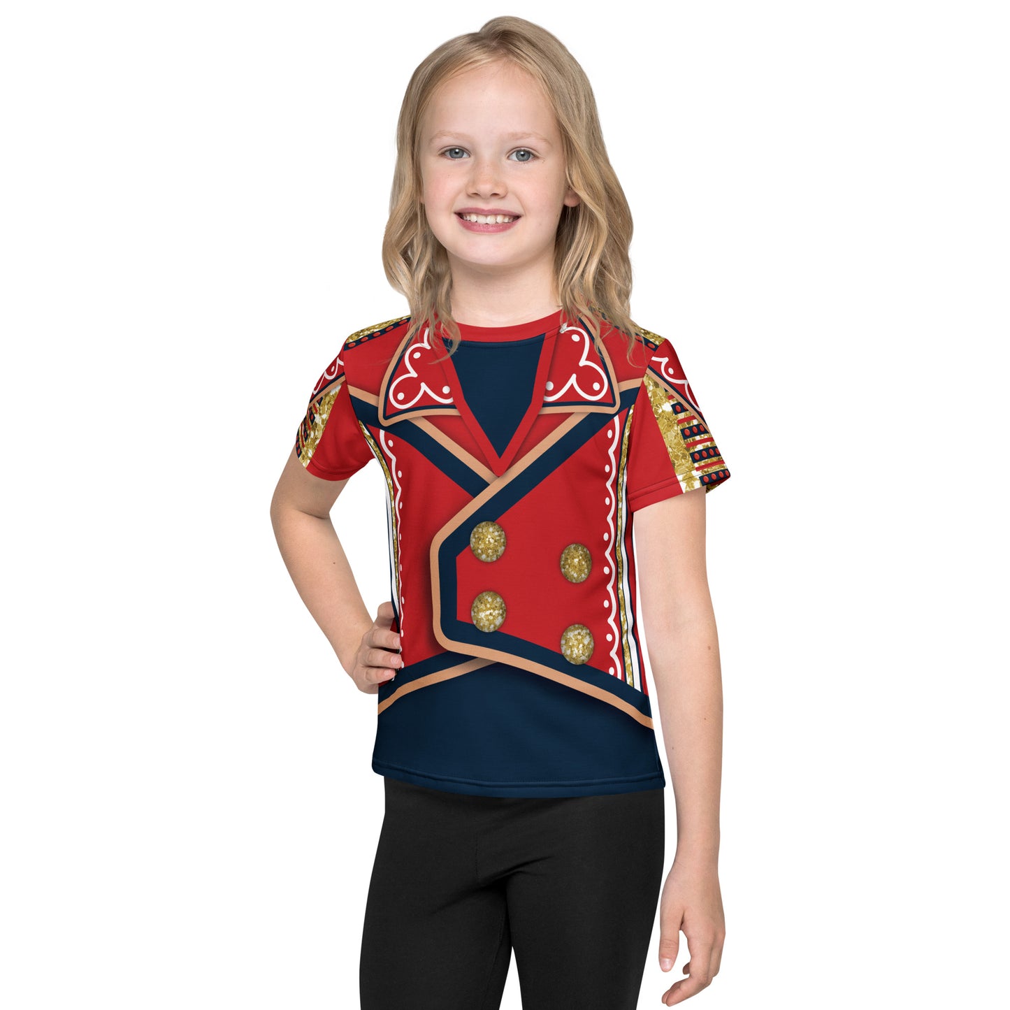 girl wearing red , navy and gold retro military hero t-shirt in wrestling arena style - front view