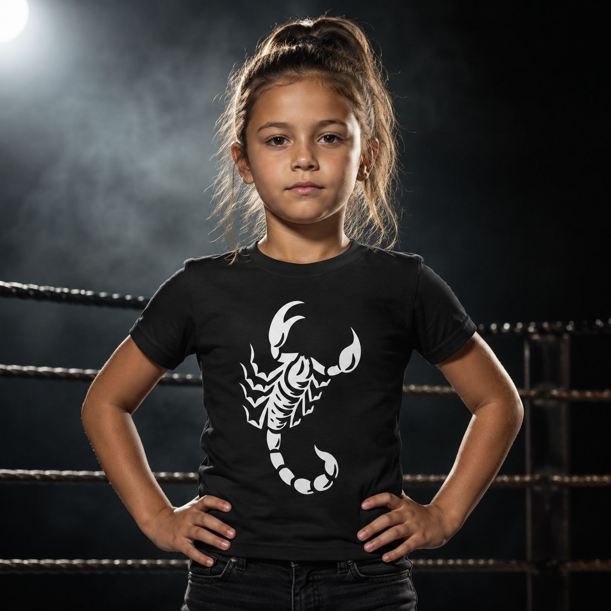 Young girl wearing a black t-shirt with a white scorpion design in a boxing ring.