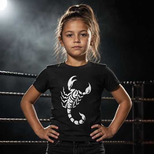 Young girl wearing a black t-shirt with a white scorpion design in a boxing ring.