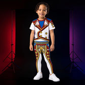 Boy wearing white, gold and maroon retro military wrestling cosplay bundled outfit consisting of leggings and t-shirt
