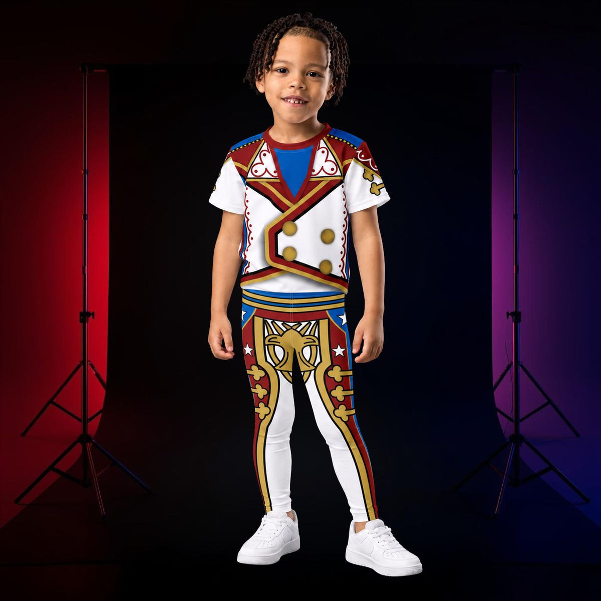 Boy wearing white, gold and maroon retro military wrestling cosplay bundled outfit consisting of leggings and t-shirt