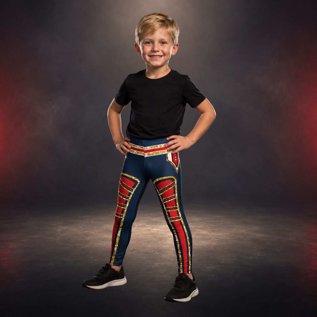 Child wearing American wrestling superhero-themed leggings with a dark background