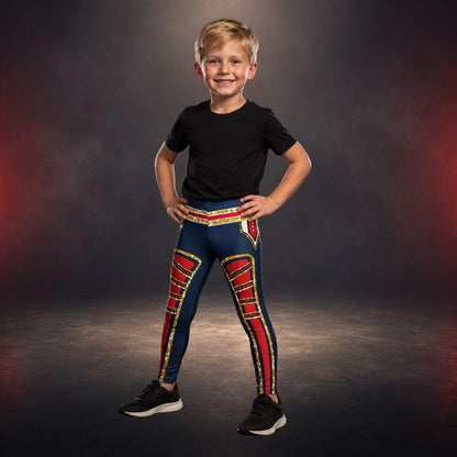 Child wearing American wrestling superhero-themed leggings with a dark background