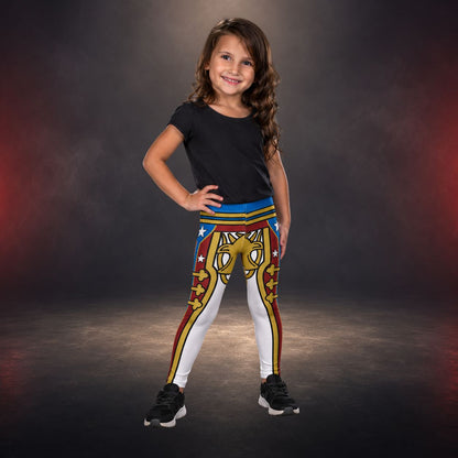 Young girl wearing colorful wrestling cosplay leggings with a retro American military pattern on a dark background