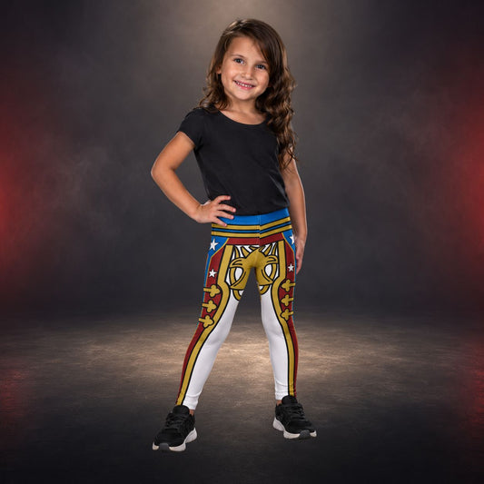 Young girl wearing colorful wrestling cosplay leggings with a retro American military pattern on a dark background