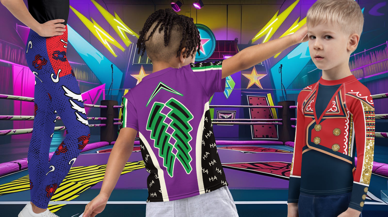 Kids wearing bright cosplay inspired outfits in a neon wrestling ring environment.