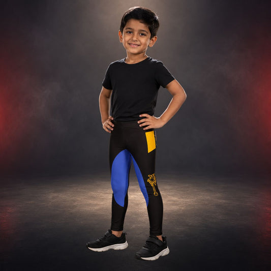 child wearing black leggings with blue inner sections, yellow side pocket design and palm tree