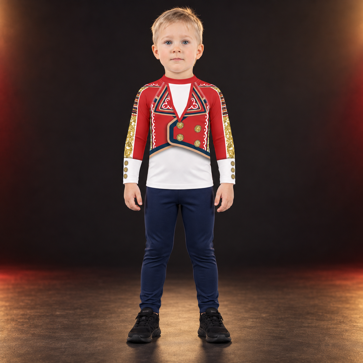 Child wearing the White Circus kids wrestling rash guard, front view - red and gold jacket print over a white front - BillingtonPix