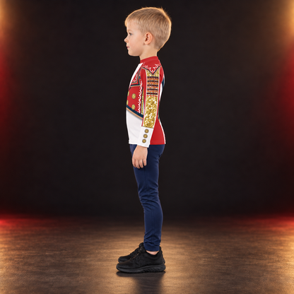 Side view of the White Circus kids rash guard on a child - gold glitter-effect sleeve panel and white cuff